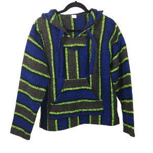 Vintage  Men's Blue Yellow Striped Kangaroo Pocket Hippie Hooded Pullover Medium